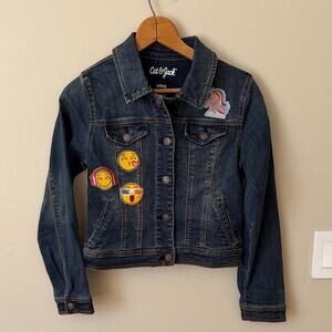 Cat & Jack Kids Denim Jacket with Emoji and Rainbow Patches Appliqué Size L